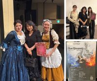 今日は東京音大池袋キャンパスの100周年記念ホールで、大学院オペラ　W.A.モーツァルト「ドン・ジョバンニ」が上演されたので、観てまいりました。演出は新国立劇場でも演出をされている粟國淳先生、指揮は田代俊文先生、オケは教員及び学生有志で構成されたアマデウス・チェンバー・オーケストラの皆さん。４月からの音楽稽古、立ち稽古を経て、院生の皆さん大変に成長されていたと思います。ドンナ・エルヴィーラ（１幕前半・２幕）を演じた門下の白石若菜さん、ツェルリーナ（１幕）を演じた徐譽教さんも大健闘してくれました。  写真は白石若菜さん、徐譽教さんと。ホール受付で、今年の東宝ミュージカル「レ・ミゼラブル」でコゼットを演じられた水江萌々子さんらを発見。学友たちの舞台を観に来ていらっしゃいました。
